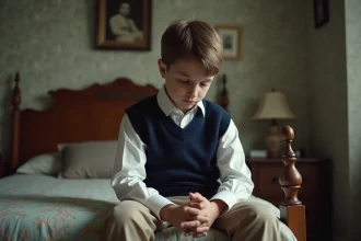 Jeune garçon pensif dans une chambre vintage des années 60