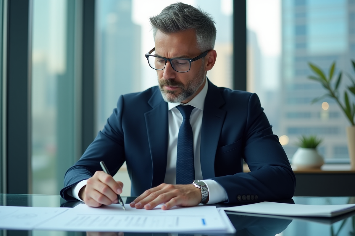 Homme d'affaires en costume navy dans un bureau moderne