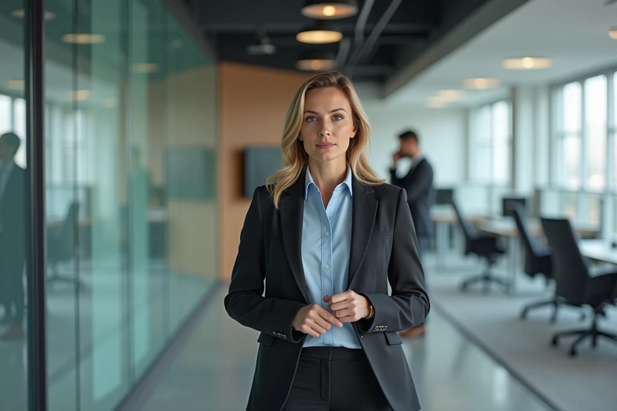 Femme en milieu professionnel faisant face à un comportement irrespectueux d'un collègue dans un bureau moderne