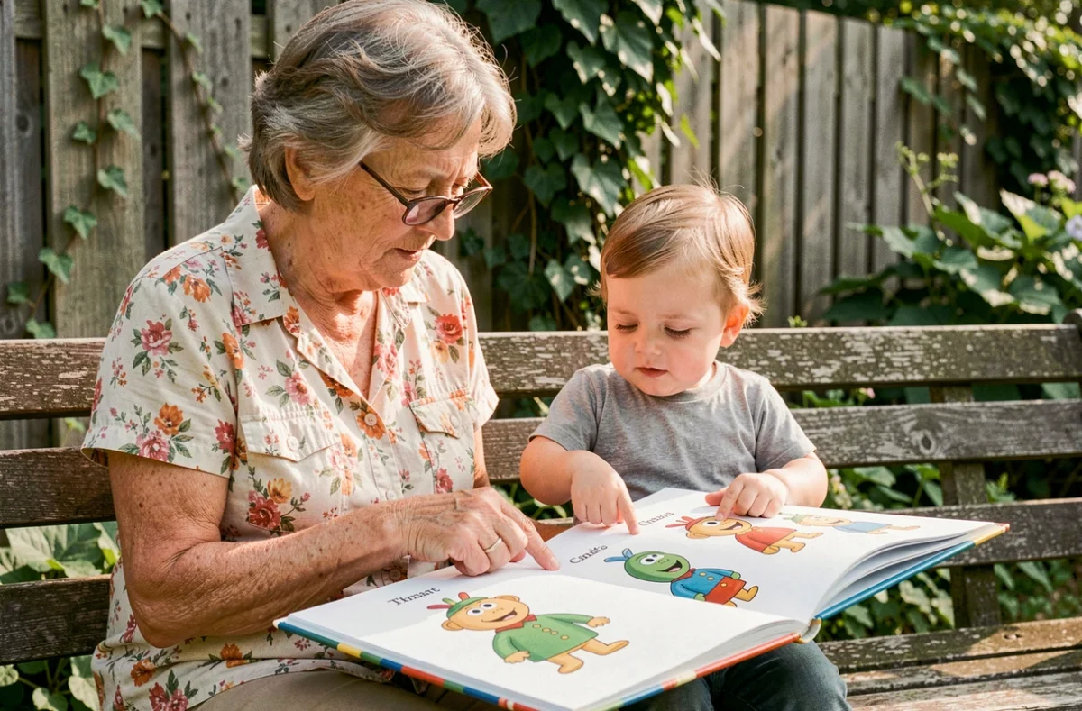 Grand-mère et petit-enfant explorant les noms des Télétubbies dans un livre illustré au jardin pour stimuler le langage