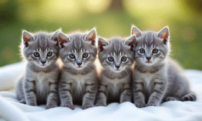 Plusieurs chatons gris de différentes races sur une couverture blanche