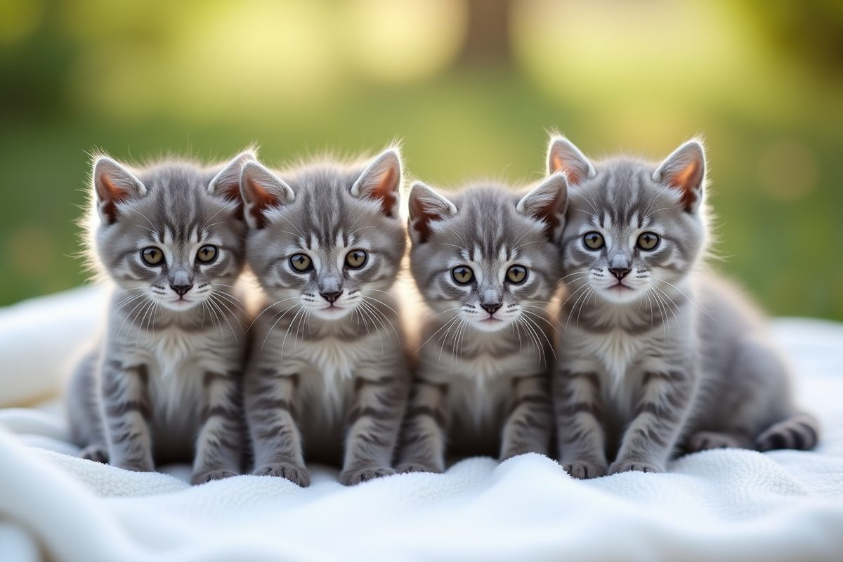 Plusieurs chatons gris de différentes races sur une couverture blanche