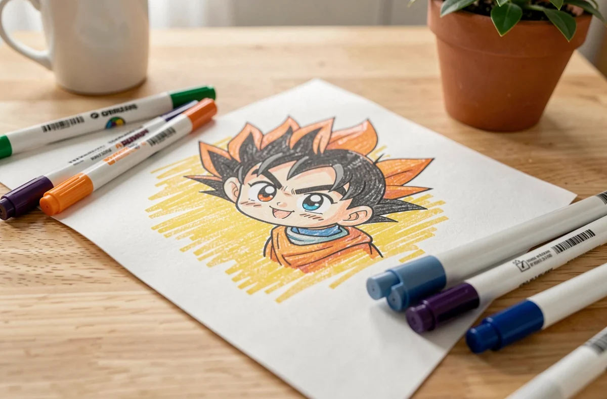Gros plan d'un dessin chibi kawaii Dragon Ball Z en cours de coloriage avec des marqueurs sur une table en bois