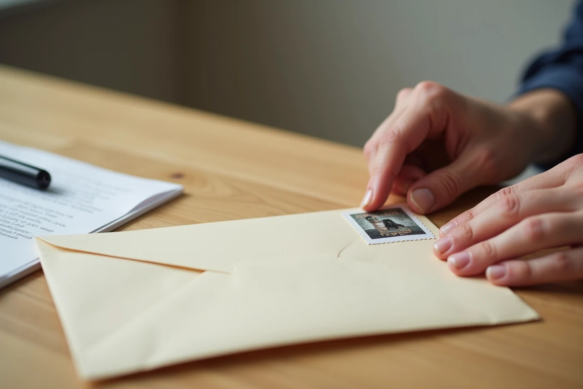 Gros plan de mains plaçant avec précision un timbre imprimé en ligne dans le coin supérieur droit d'une enveloppe