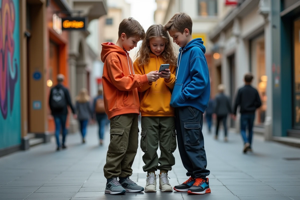 Groupe de trois adolescents en streetwear réagissant à une vidéo sur smartphone devant une fresque urbaine colorée