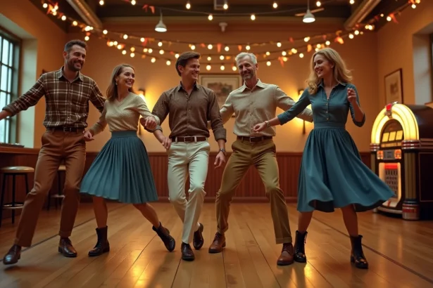 Groupe d'adultes dansant le madison en ligne dans une salle de bal vintage aux accents années 1960