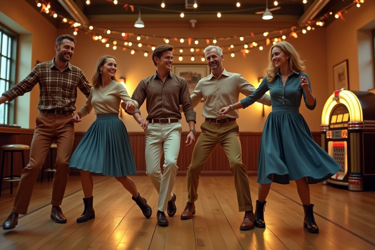 Groupe d'adultes dansant le madison en ligne dans une salle de bal vintage aux accents années 1960