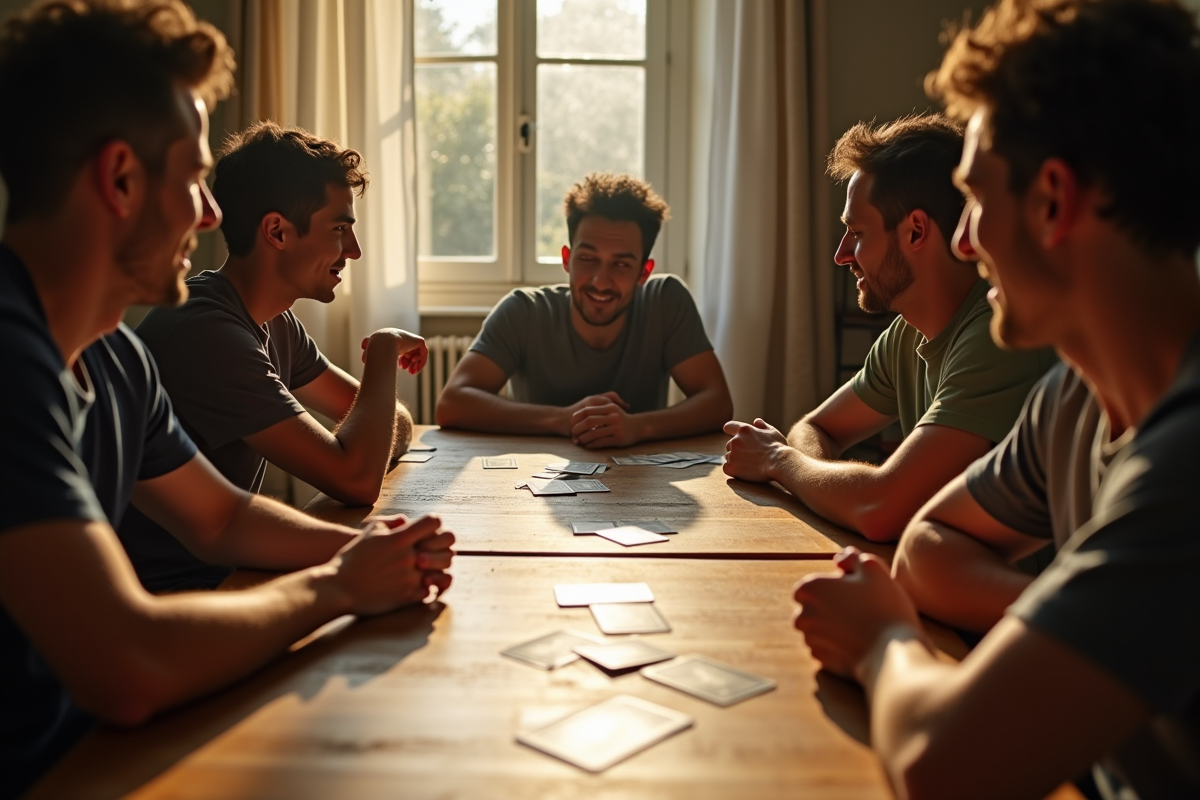 Groupe d'amis jouant à Mille Bornes autour d'une table ensoleillée