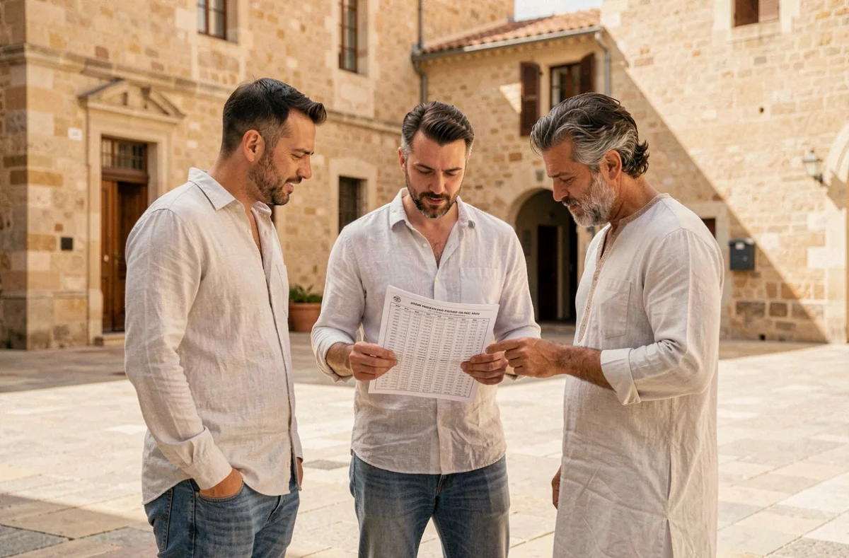 Groupe d'hommes consultant un horaire de prière sur une place ensoleillée dans le centre de Béziers
