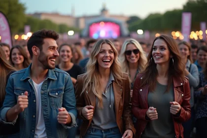 Groupe de jeunes adultes souriants lors d'un concert à Lyon
