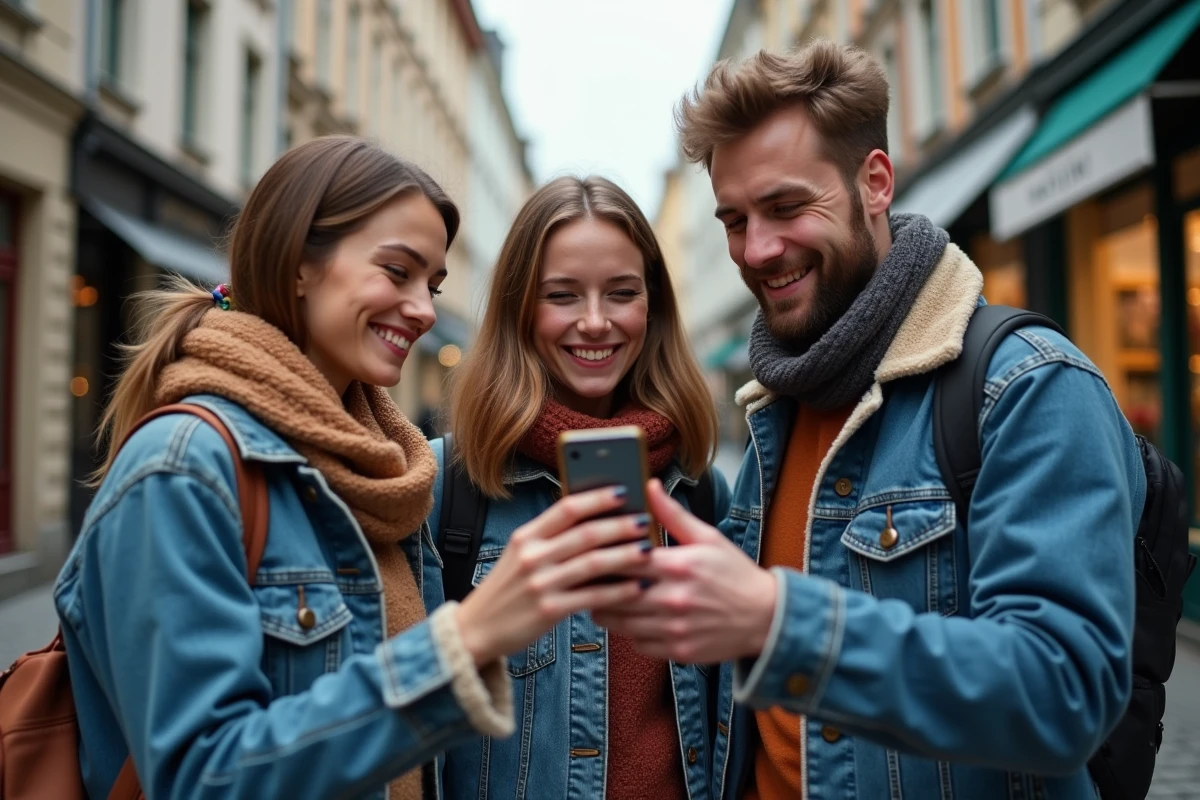 Groupe de jeunes adultes découvrant un vieux Nokia dans une rue pavée européenne