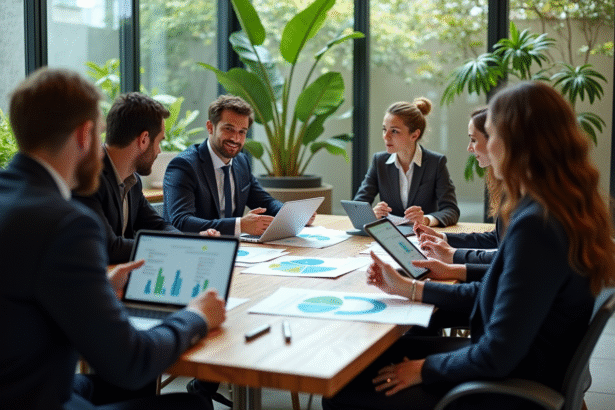 Groupe de professionnels discutant économie circulaire en réunion