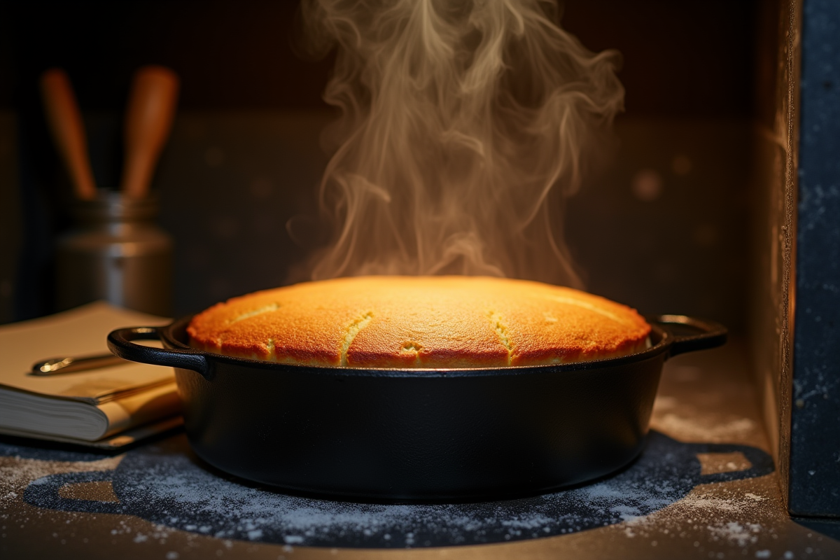 Gâteau éponge doré sortant du vieux four en fonte avec outils de pâtisserie