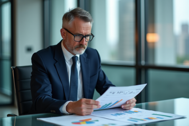 Homme d'affaires en costume regardant des graphiques financiers