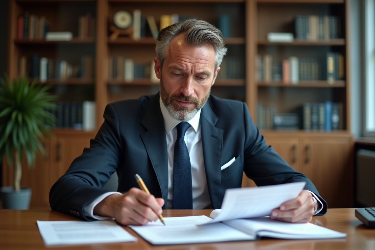 Homme d'affaires en costume dans un bureau notarial