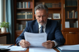Homme d'affaires en costume bleu étudiant des documents fiscaux