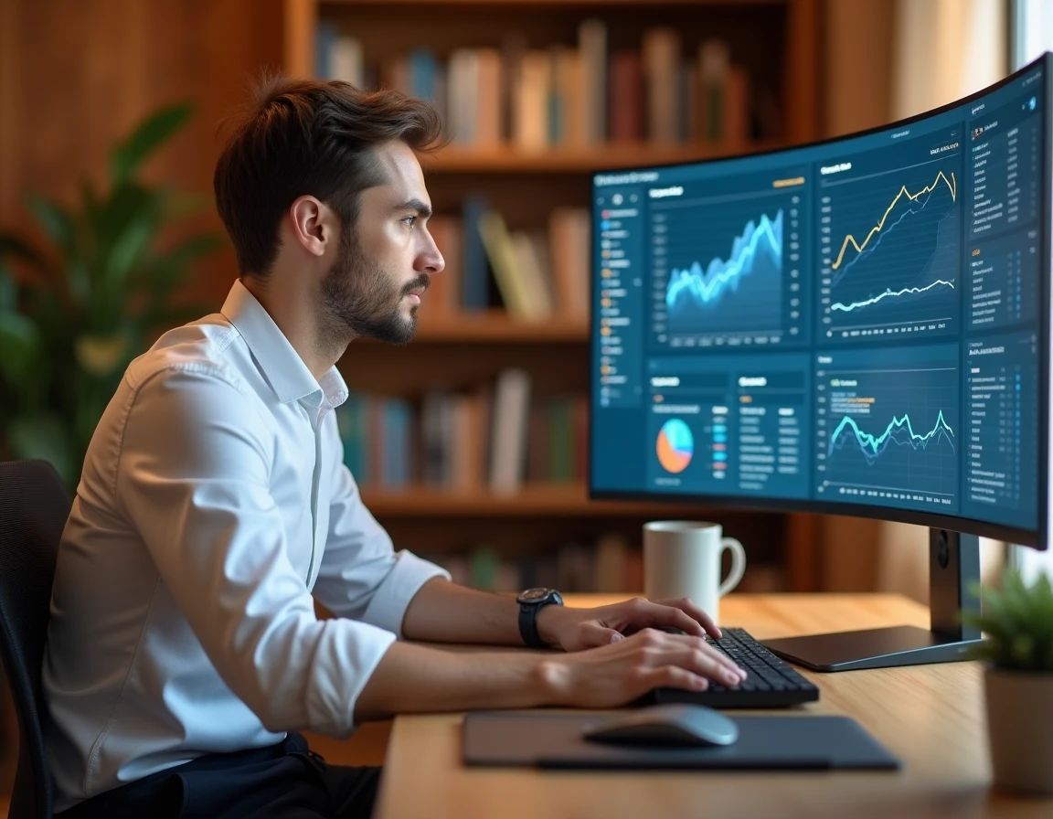 Homme concentré analysant des données digitales et tendances sur un écran de bureau dans un espace de travail épuré