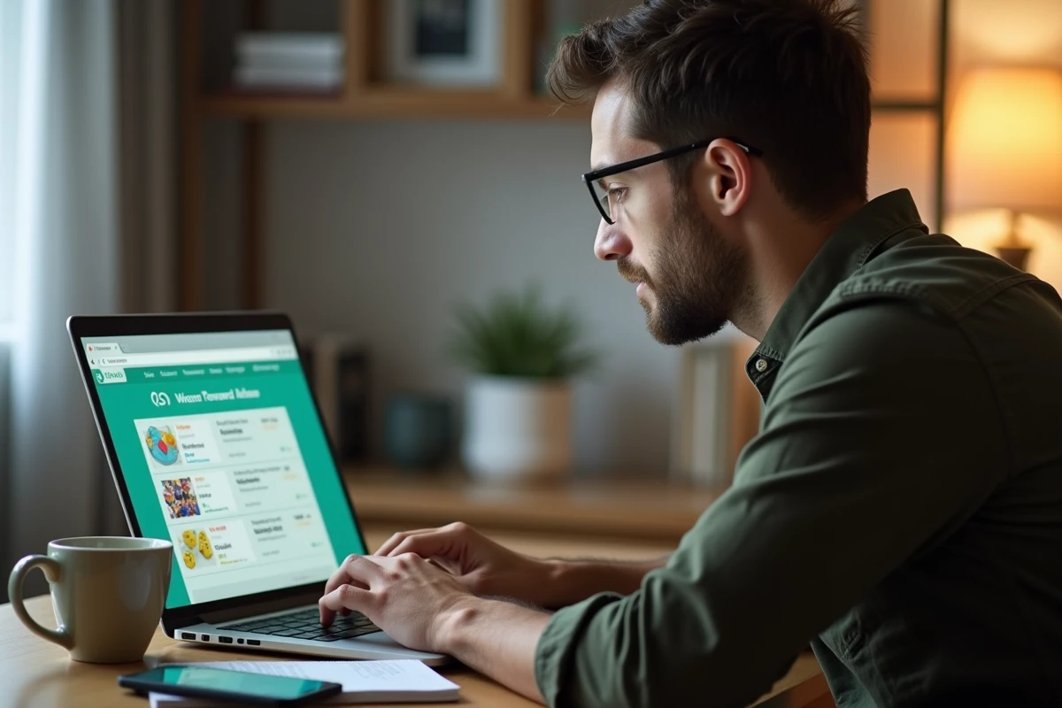 Homme consultant une archive complète de liens de dés gratuits Monopoly Go 2026 sur ordinateur portable