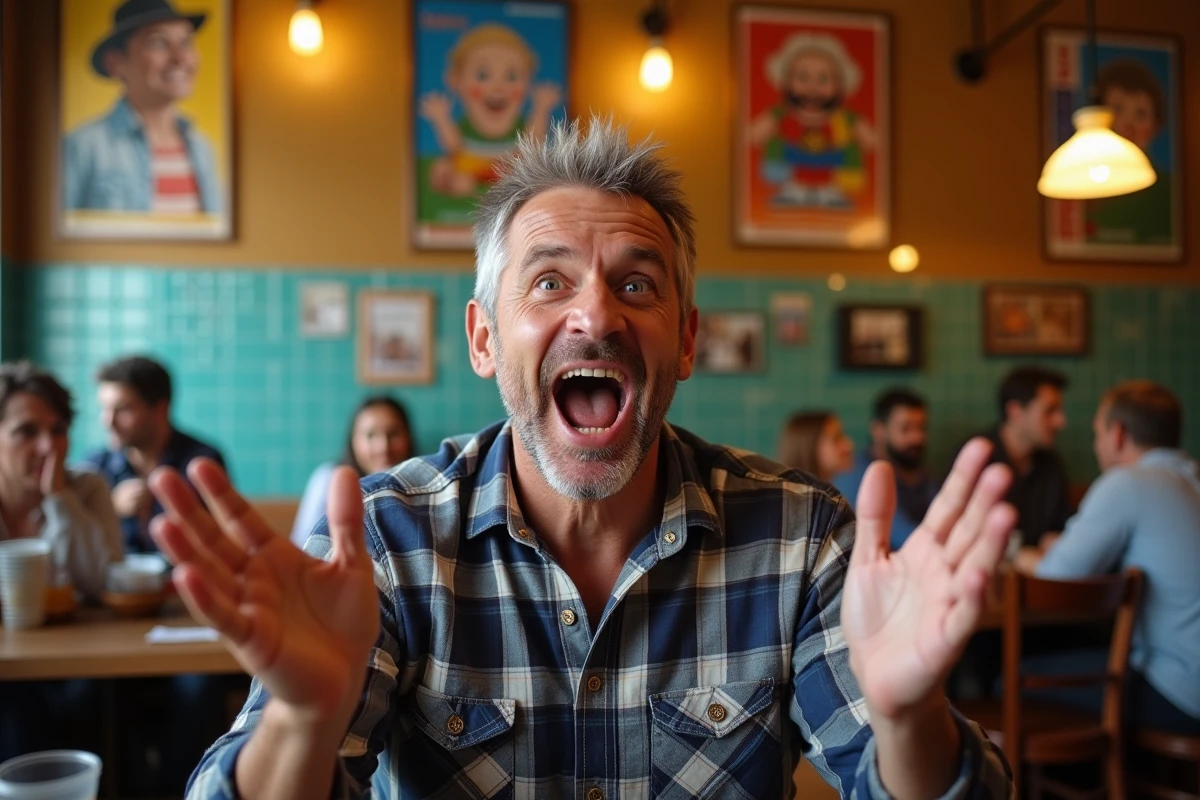 Homme énergique dans un café coloré disant gracias
