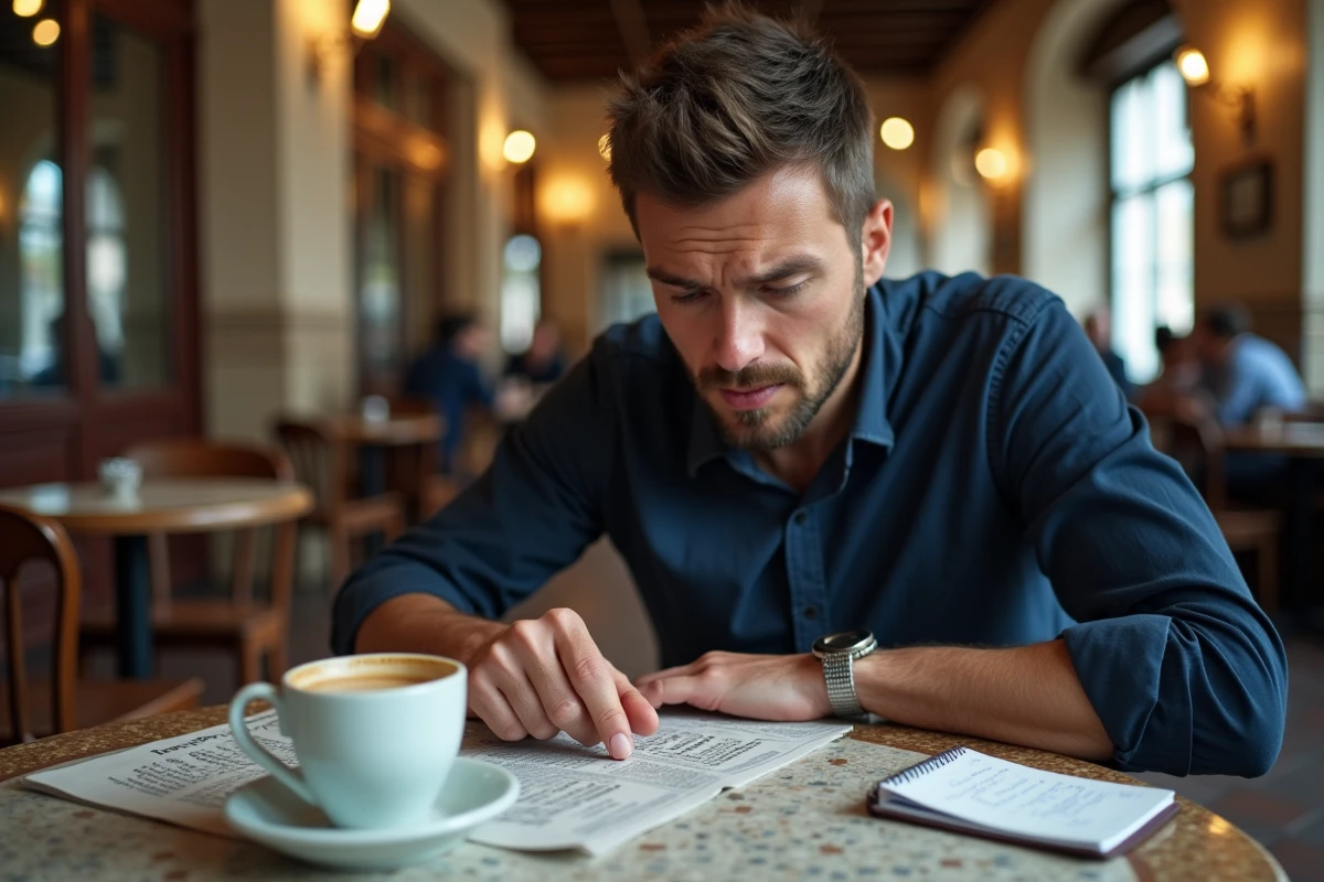 Homme cherchant une réponse de mots croisés dans un café français avec un journal et un carnet de notes