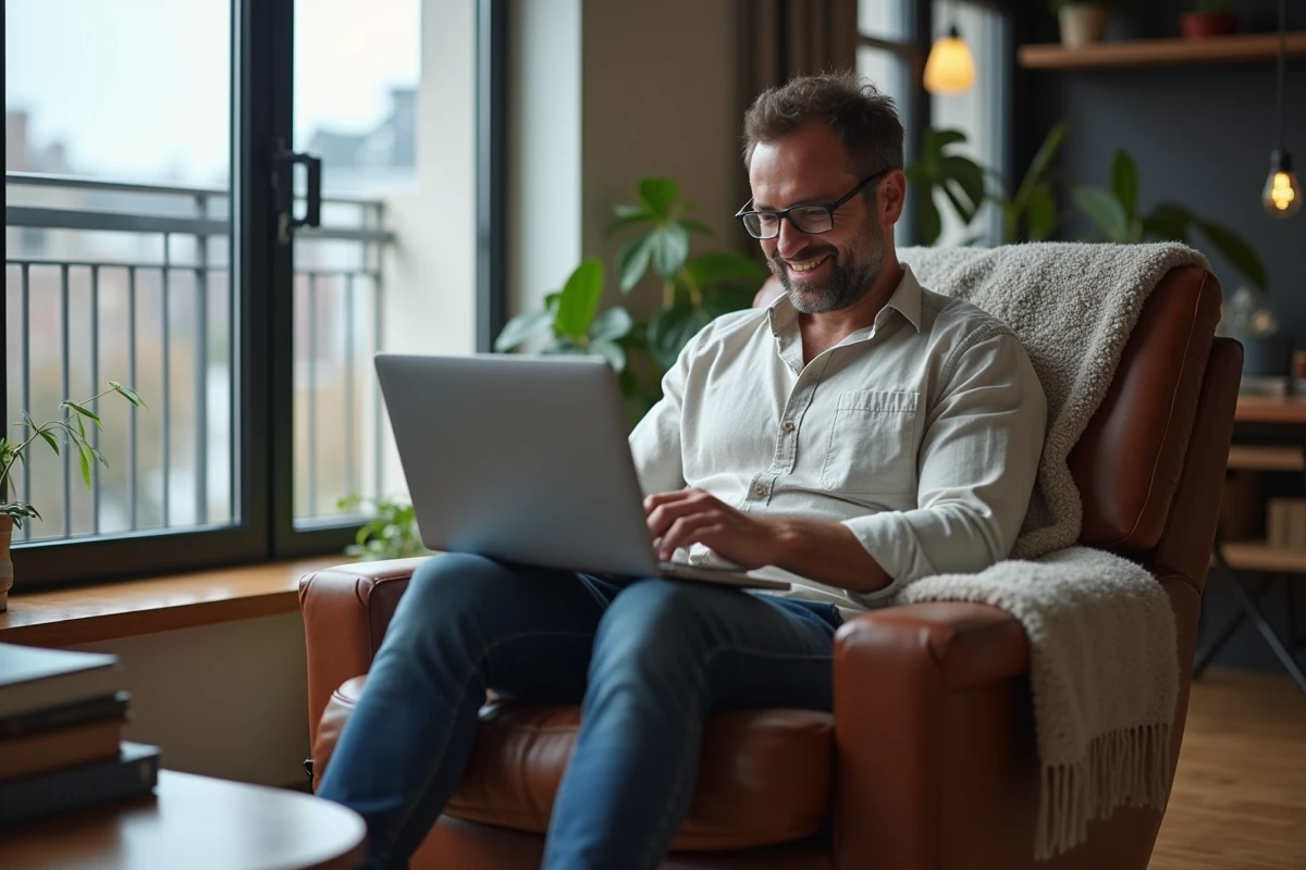 Homme parcourant un catalogue de livres numériques sur ordinateur portable dans un salon moderne, représentant l'usage d'une plateforme d'ebooks en ligne