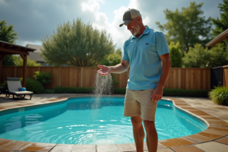 Homme d'âge moyen versant des granules de chlore dans la piscine