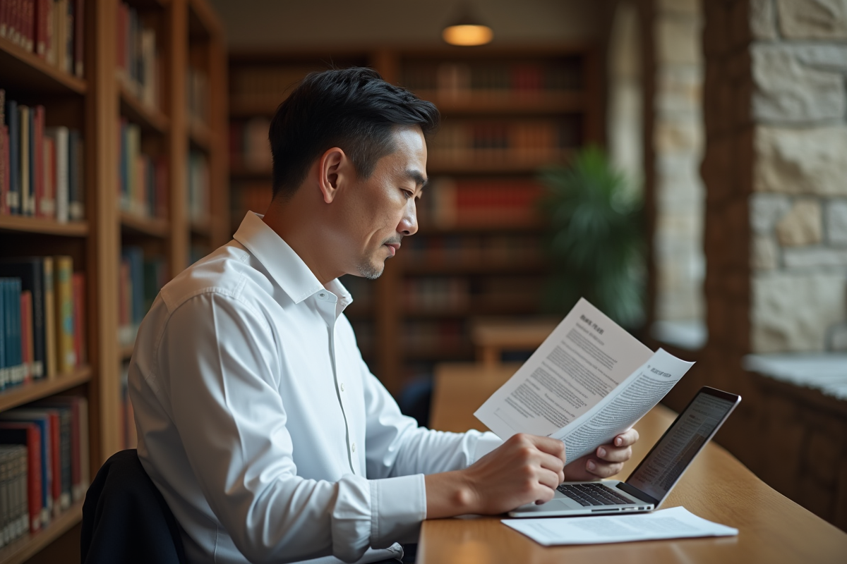 Homme lisant des documents dans une bibliothèque calme