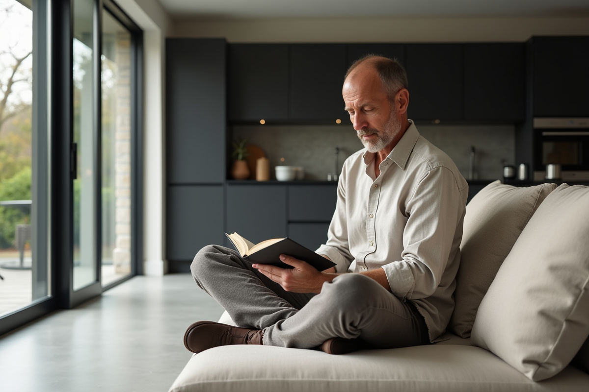 Homme lisant un livre dans un salon moderne et lumineux