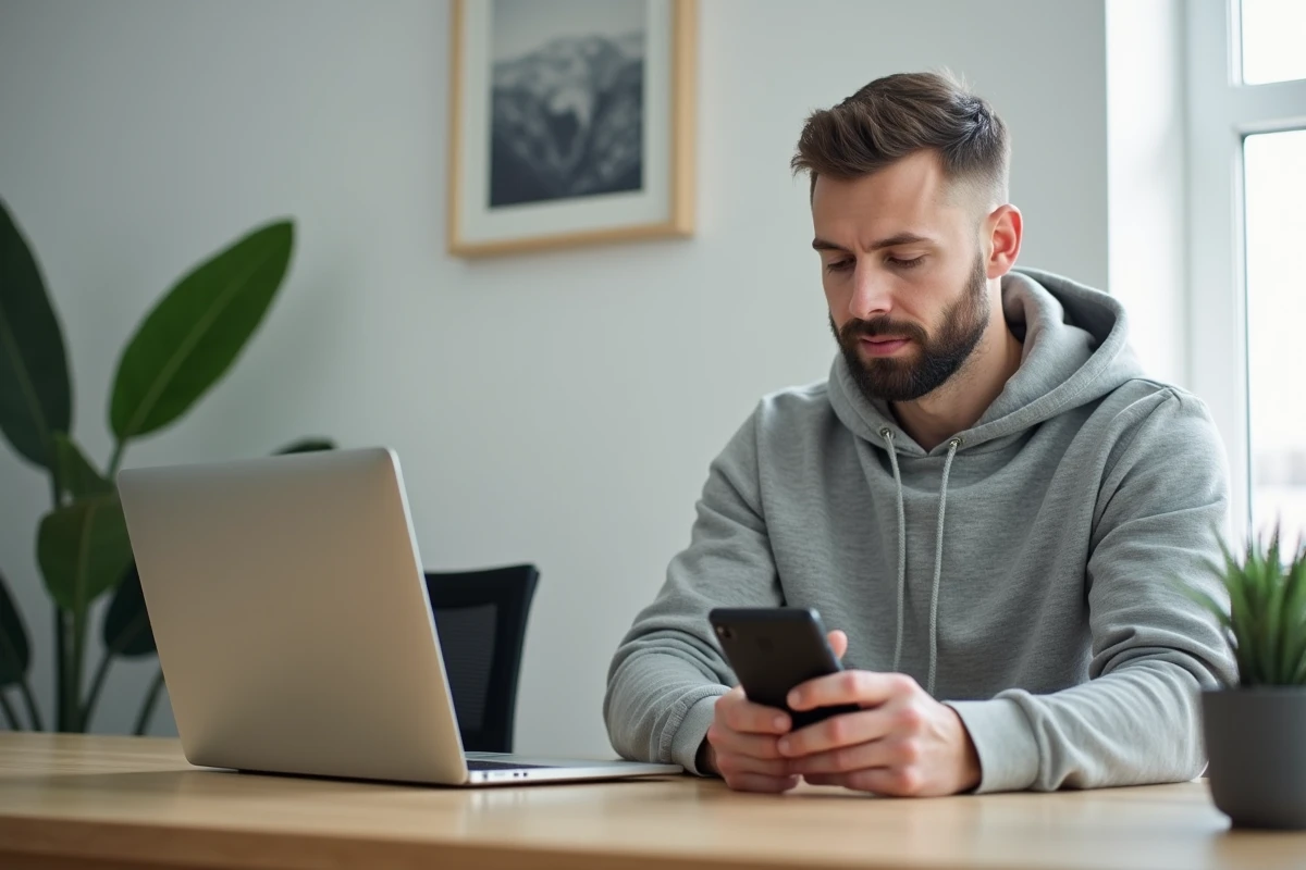Homme posant un Nokia ancien à côté d'un MacBook sur un bureau minimaliste moderne