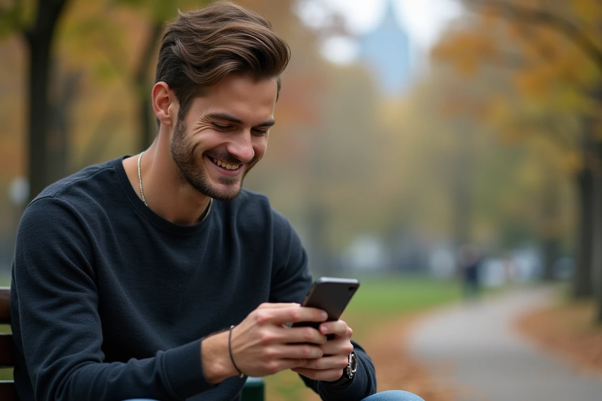Homme assis dans un parc regardant son smartphone