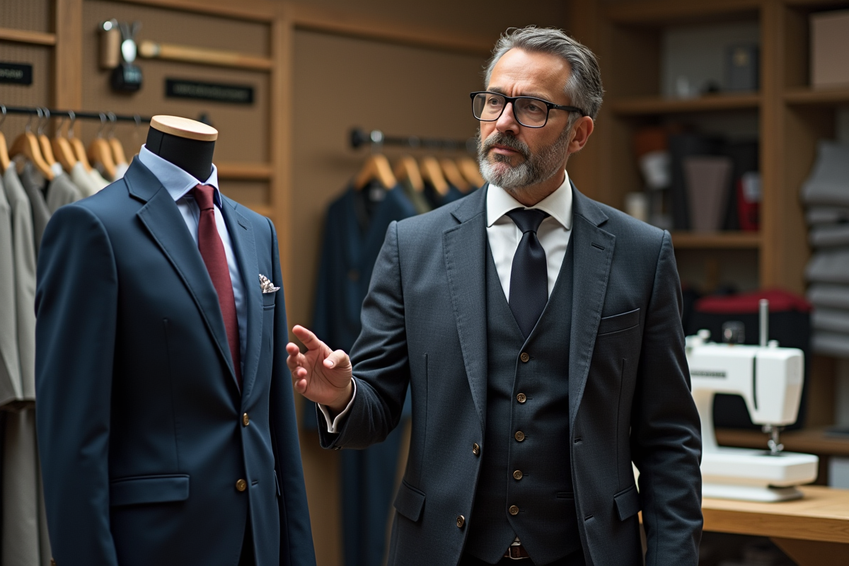 Homme présentant un manteau sur mannequin dans un atelier professionnel