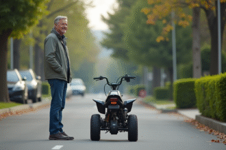 Homme d'âge moyen avec quadricycle en rue résidentielle