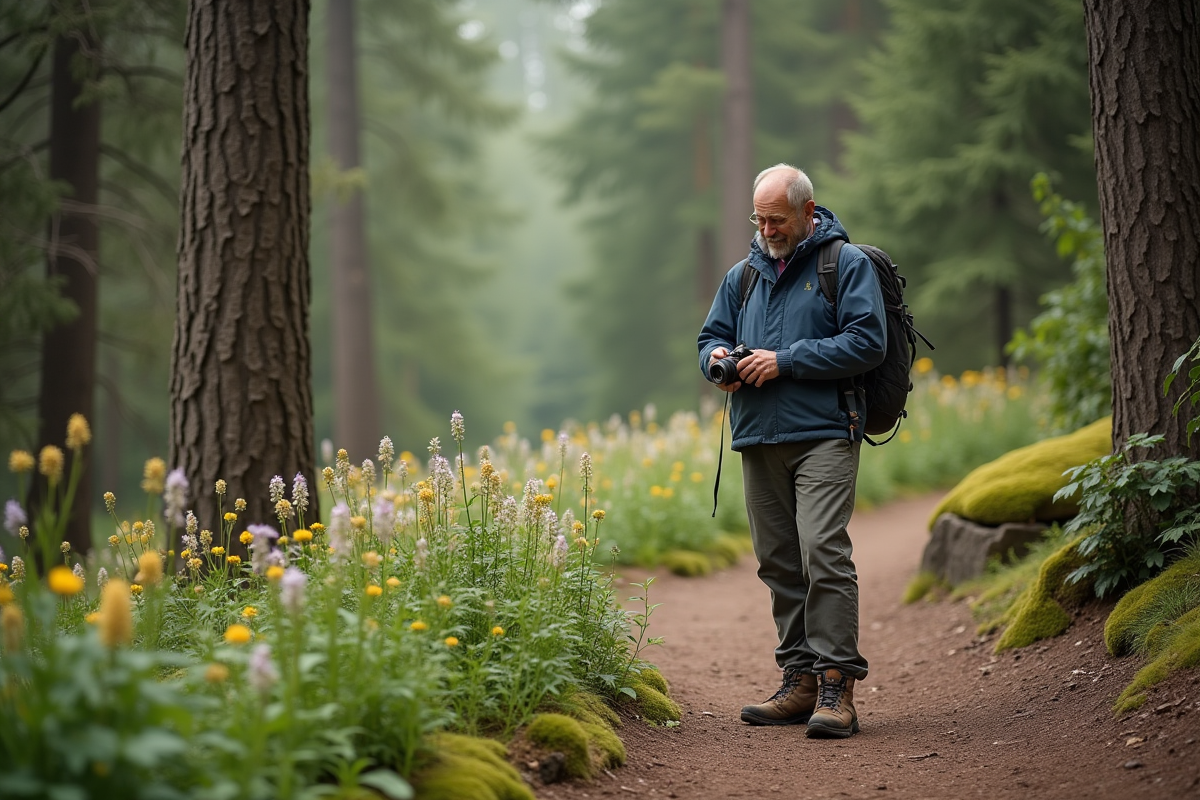 Homme en randonnée dans la forêt avec appareil photo