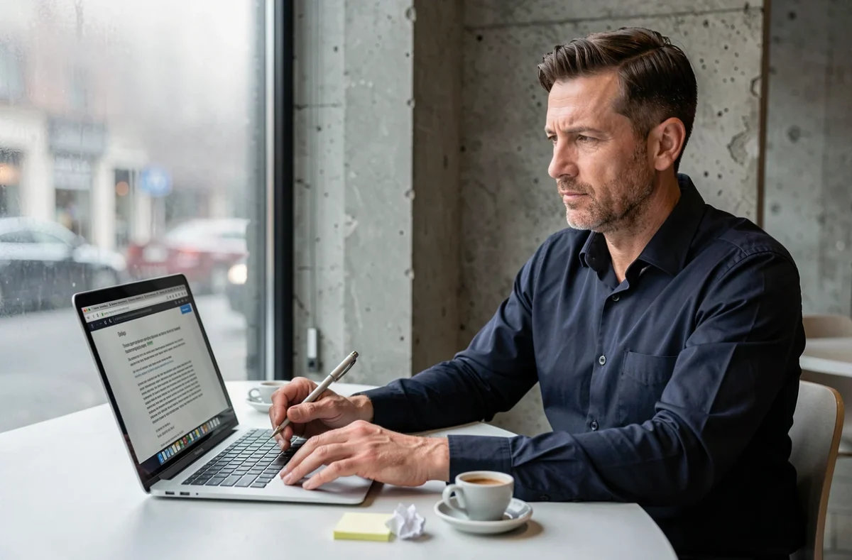 Homme concentré relisant un document texte sur son ordinateur portable dans un café urbain minimaliste