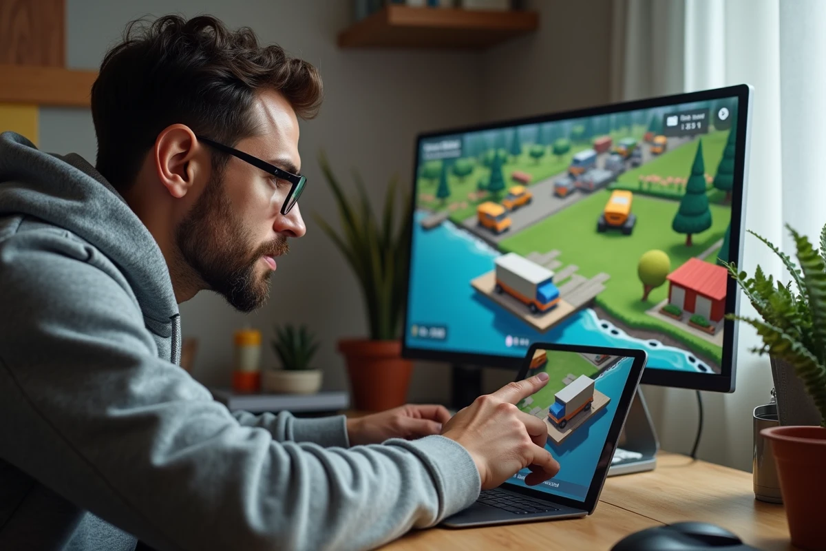 Homme analysant une stratégie Hay Day sur tablette dans un bureau à domicile, astuce camions et bateaux