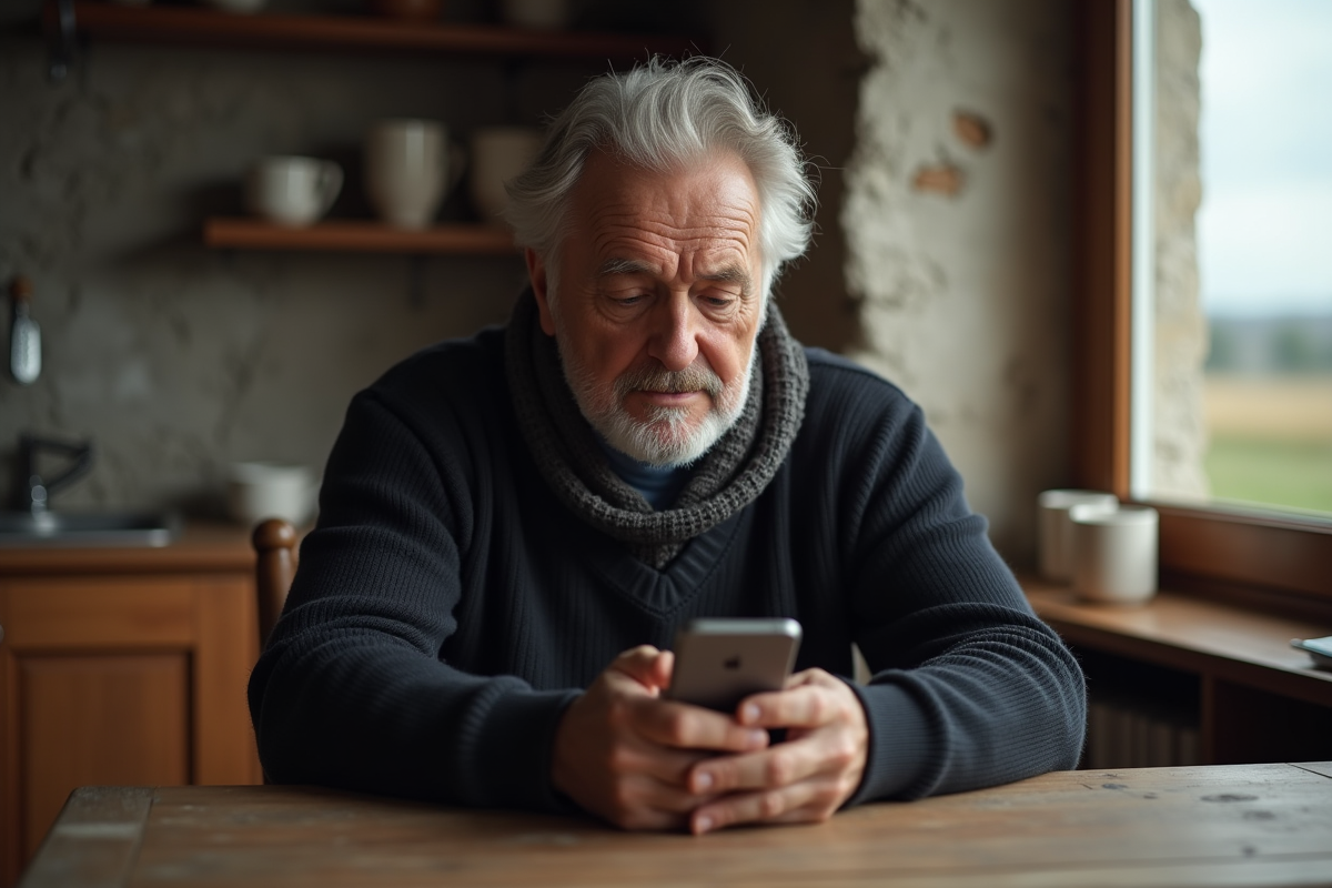 Homme âgé examine son téléphone dans une cuisine rustique