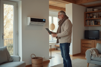 Homme d'âge moyen vérifiant une pompe à chaleur moderne dans un salon lumineux
