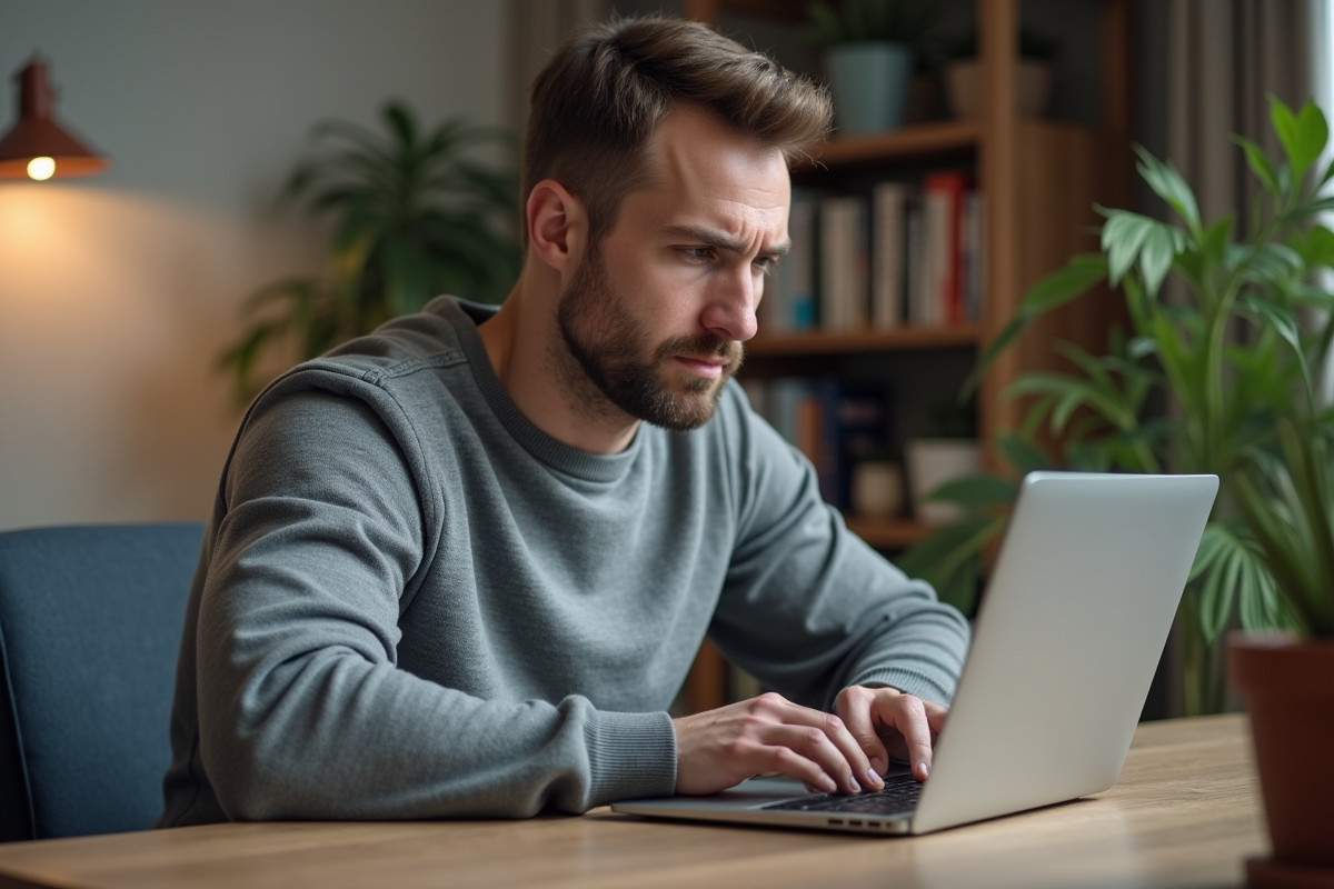 Homme en jean et pull gris travaillant sur son ordinateur à domicile