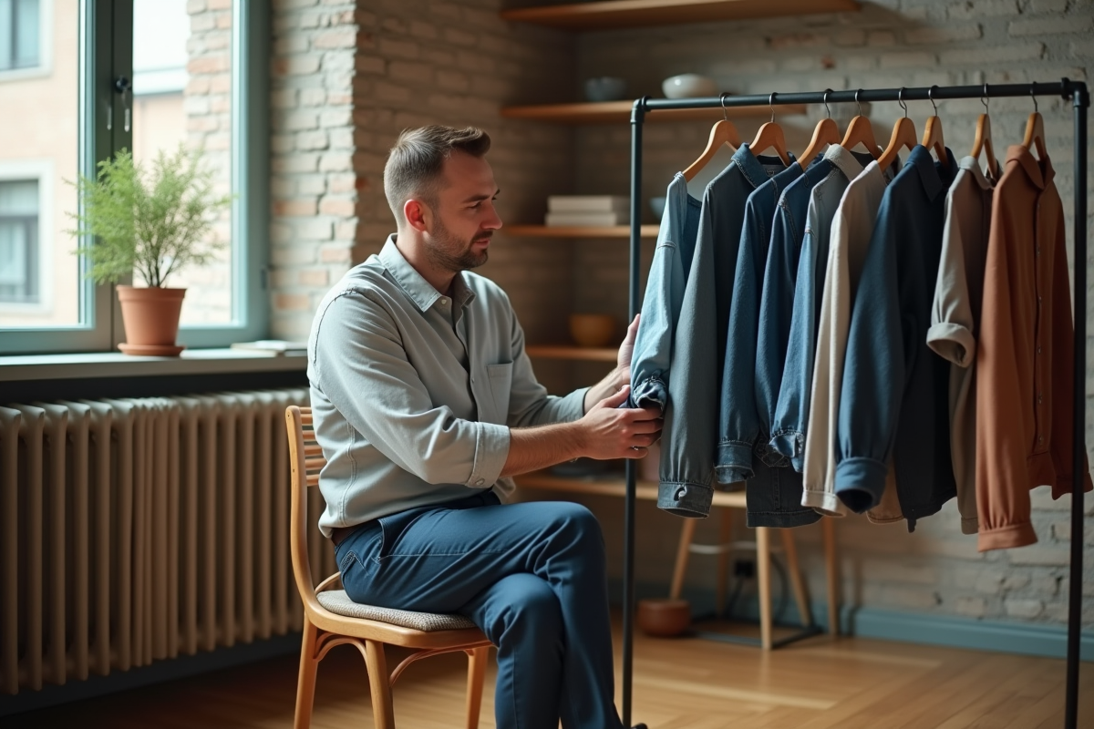 Homme sélectionnant une tenue dans un appartement urbain lumineux