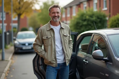 Homme confiant à côté de sa voiture dans un quartier résidentiel
