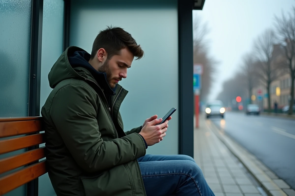 Jeune homme consultant les horaires de bus en ligne sur smartphone à un arrêt de bus en France