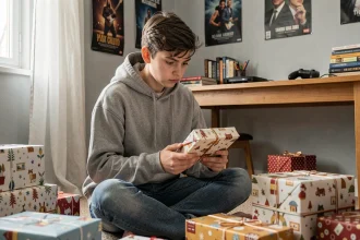 Adolescent de 16 ans assis sur le sol de sa chambre entouré de cadeaux emballés, exprimant une réaction mitigée face aux présents reçus
