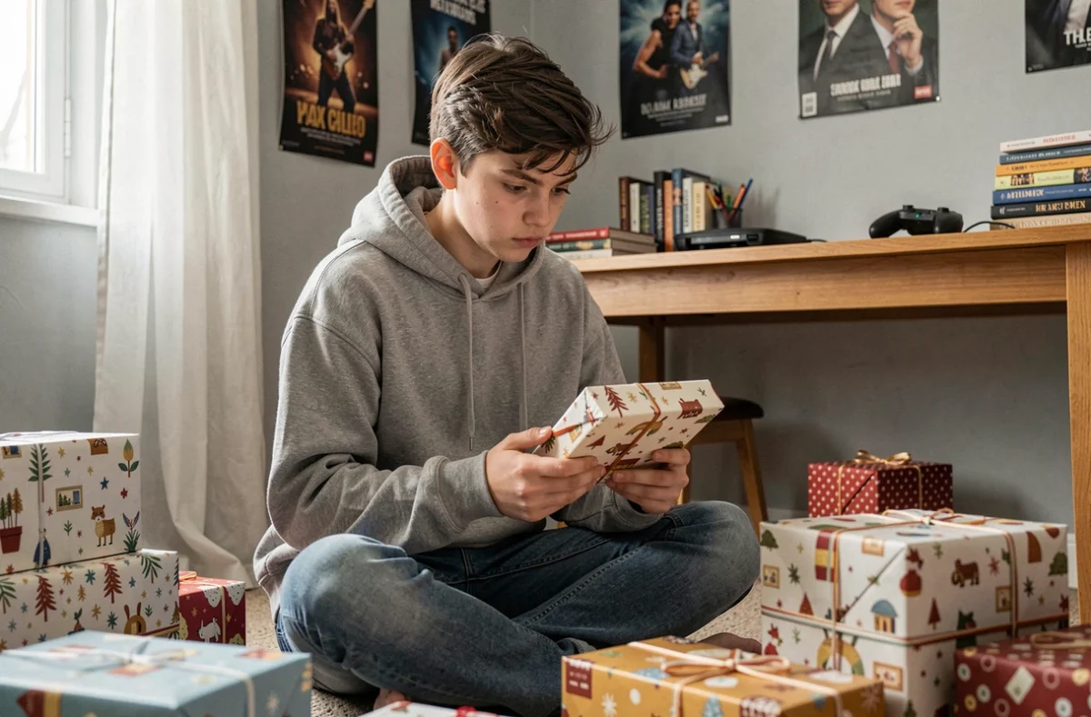 Adolescent de 16 ans assis sur le sol de sa chambre entouré de cadeaux emballés, exprimant une réaction mitigée face aux présents reçus