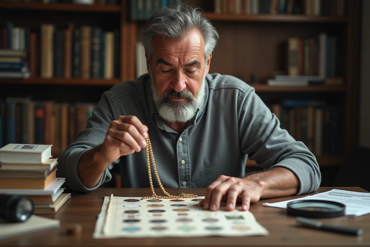 Homme comparant un poinçon de bijou en or à un tableau de référence des poinçons étrangers