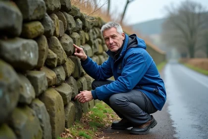 Ingénieur homme en extérieur près de rochers anciens