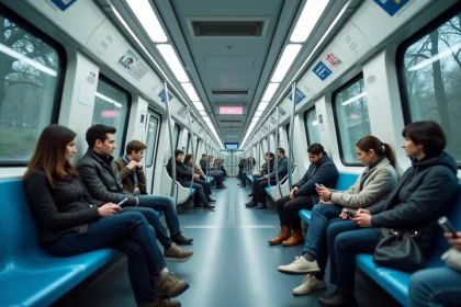 Intérieur d'une rame automatique de la ligne 4 du métro parisien avec passagers et affichage numérique