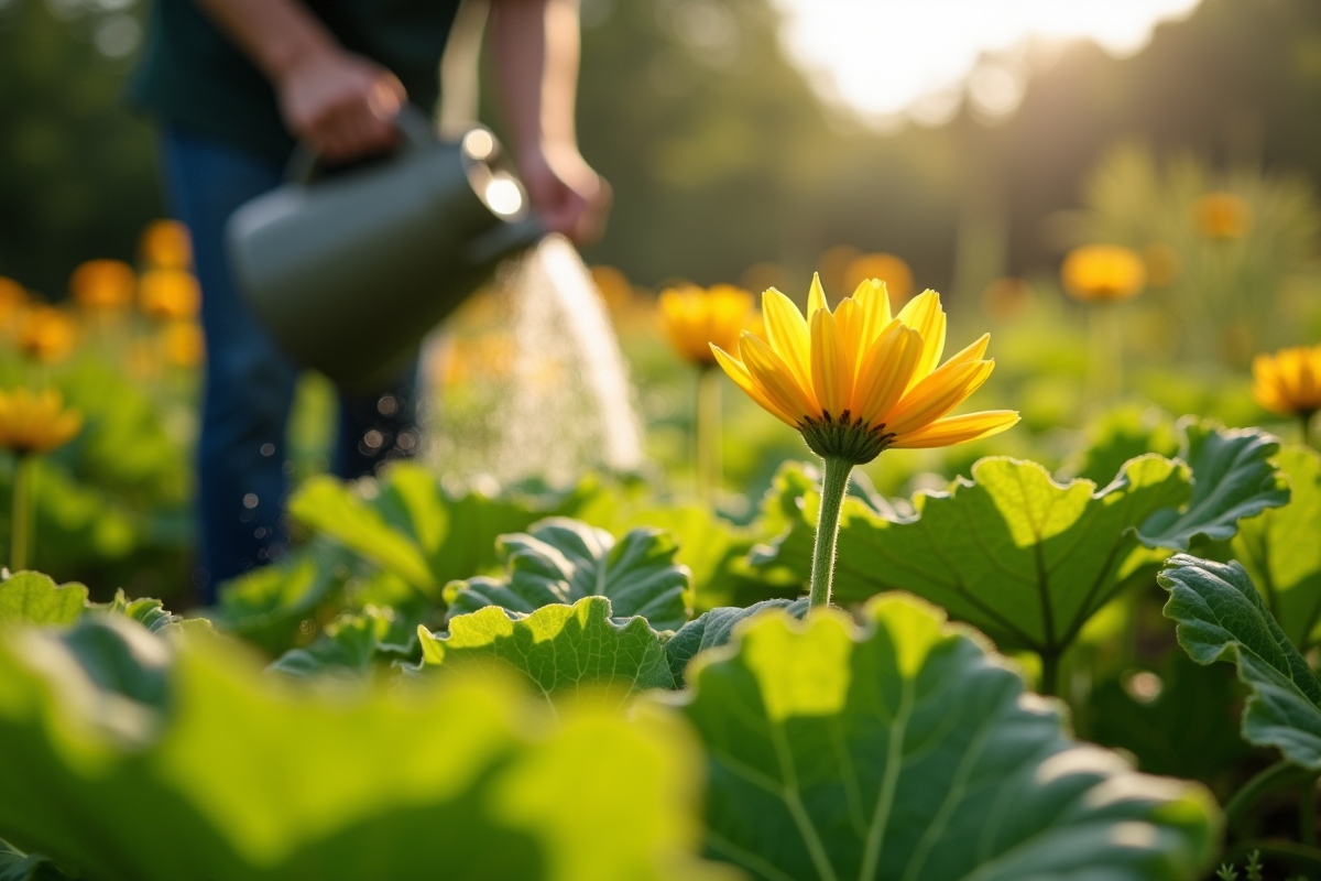 Jardinier arrosant des fleurs de zucchini jaunes dans un jardin