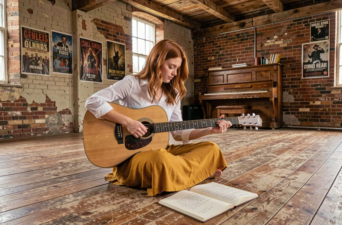 Jeune chanteuse britannique de jazz assise sur le sol d'une salle de répétition avec guitare acoustique et carnet de paroles
