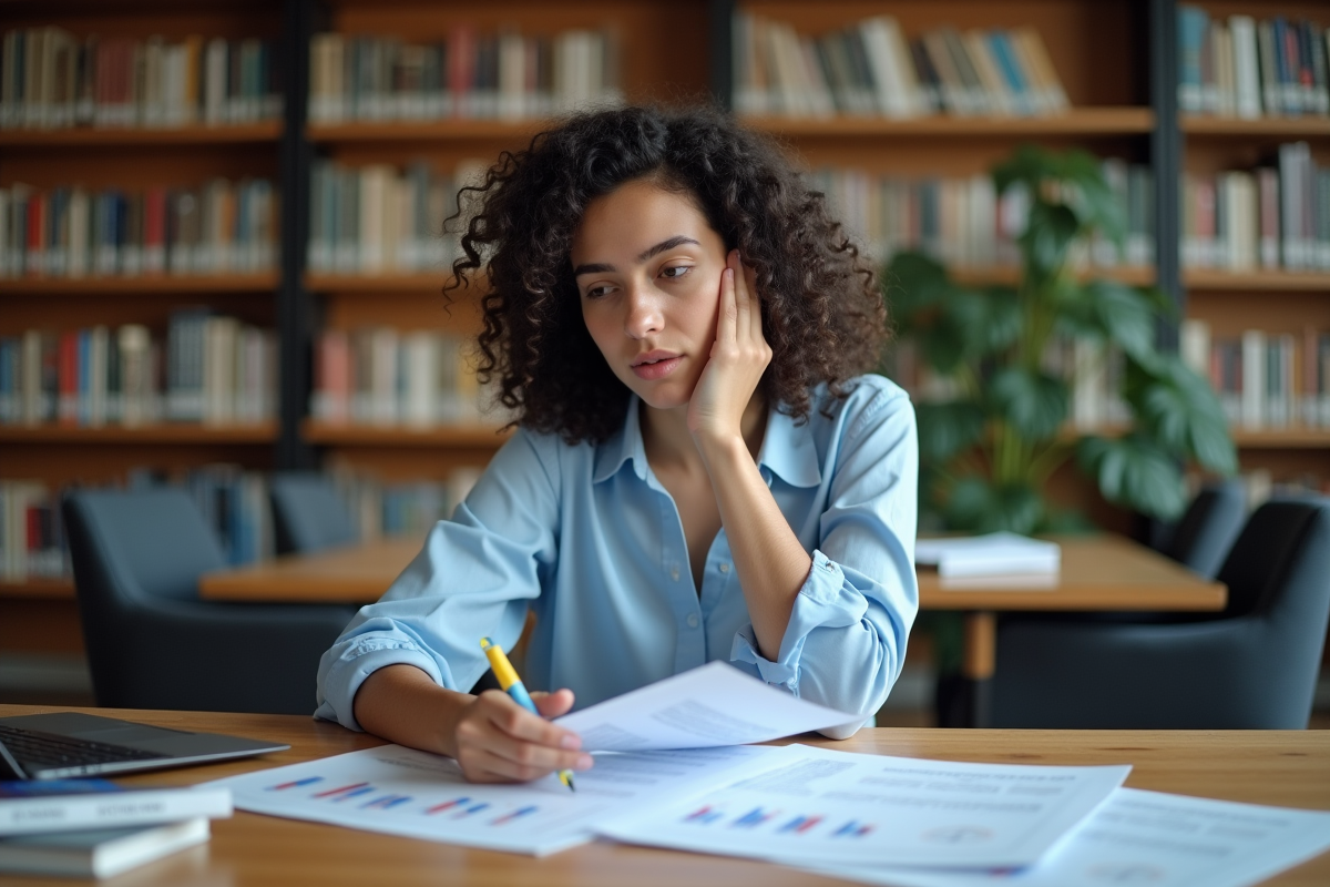 Jeune étudiante en économie examinant des indicateurs imprimés