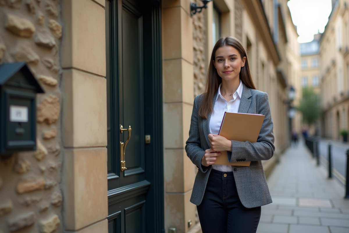 Jeune femme avec dossier immobilier devant maison